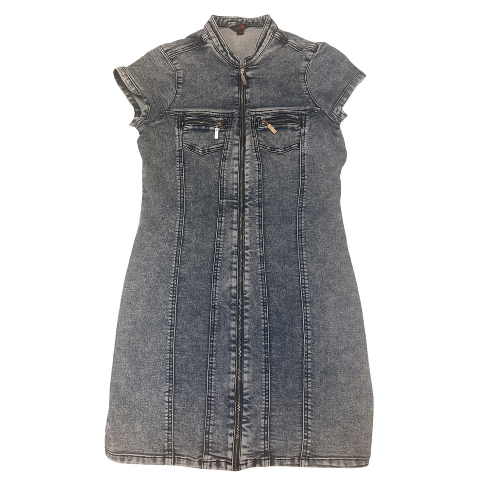 G by GUESS Acid Wash Moto Denim Mini Dress - Full Zip Front